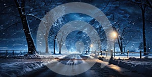 Nighttime Snow with Trees, winter path and bench under glowing lamps in winter city park