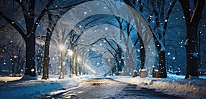 Nighttime Snow with Trees, winter path and bench under glowing lamps in winter city park