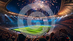 Nighttime Stadium Panorama with Fireworks Display