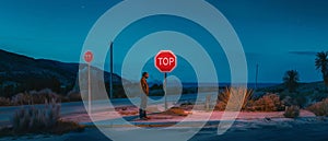 Nighttime Standoff: A Man and a Stop Sign at the Road Junction of Cabo de Gata, Almeria