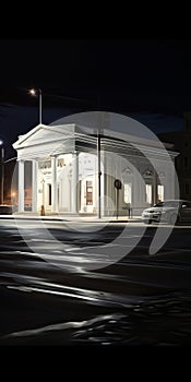 Nighttime Streetscape: A Polished Illustration Of Classic American Cars And Neoclassical Simplicity