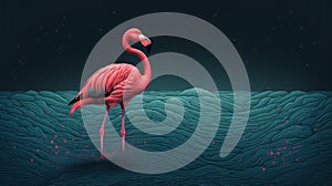 Nighttime Stroll: Hyper-detailed Pink Flamingo Walking On Waves