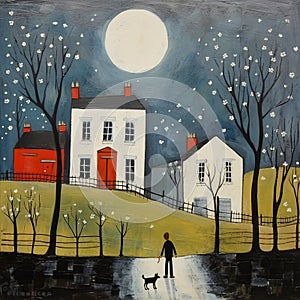 Nighttime Stroll: A Playful Painting Of A Man And Dog In The Style Of Gary Bunt