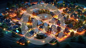 Nighttime Symphony of Digital Connectivity: Aerial View of Smart Homes and Data Transactions