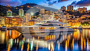 A Nighttime Symphony of Luxury Yachts at Monacos Iconic Port A Stunning Display of Superyacht Grandeur in the photo