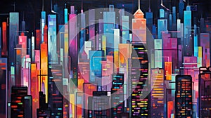 Nighttime Symphony: Vibrant Neon-Lit Skyscrapers in Abstract Cityscape