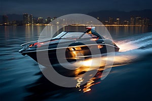 Nighttime thrill a speed boat glides through dark waters, creating exhilarating waves