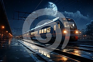 Nighttime train station panorama Modern train arrives, setting a dynamic nocturnal scene