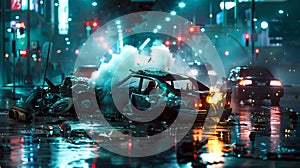 Nighttime Urban Chaos: Car Accident Scene with Blazing Flames and Smoke, Cinematic Style, For Drama and Action Uses. AI