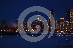 Panoramic View Of Downtown Calgary At Night In The Winter