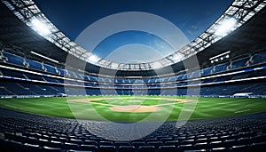 Nighttime view of empty baseball stadium with radiant spotlights on immaculate diamond