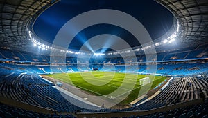 Nighttime view of empty soccer stadium with mesmerizingly illuminated professional field
