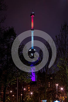 Nighttime view of the Euromast tower in Rotterdam, Netherlands