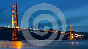 Nighttime view of Golden Gate Bridge on a dark blue sky background; California