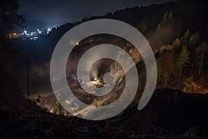 nighttime view of landslide with searchlights shining on the scene