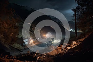 nighttime view of landslide with searchlights shining on the scene