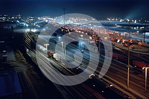 nighttime view of railway yard, with train engines and cars illuminated by bright lights