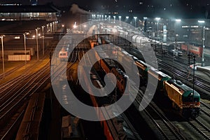 nighttime view of railway yard, with train engines and cars illuminated by bright lights