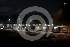 nighttime view of storage facility, with floodlights illuminating the perimeter