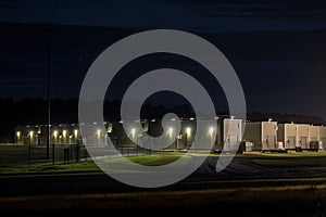 nighttime view of storage facility, with floodlights illuminating the perimeter