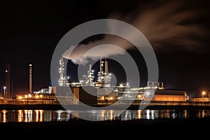 Nighttime view of a sugar factory, with its illuminated structure, smokestacks, and steam rising from the production process photo