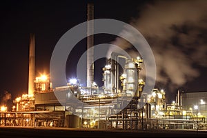 Nighttime view of a sugar factory, with its illuminated structure, smokestacks, and steam rising from the production process photo