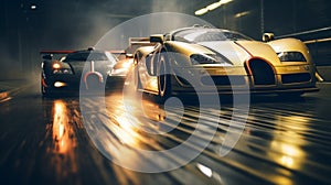 Nighttime Vray Tracing: Gold Bugatti Convertible And Racing Car Concept Art