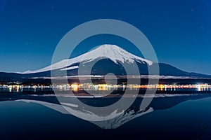 Nightview of Mount Fuji with upside down reflection from Lake Yamanaka