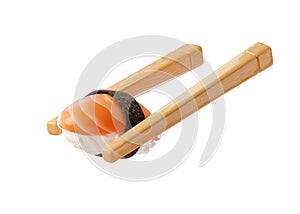 Nigiri. Japanese cuisine. Chopsticks holding sushi roll with salmon and avocado isolated on white background. Concept of