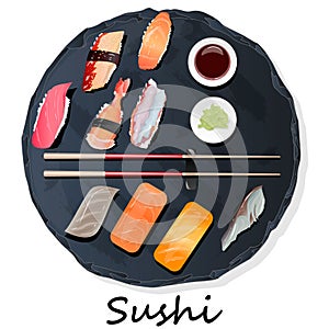 Nigiri Sush seti illustration isolated. Top view