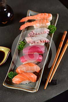 Nigiri sushi mix on slate