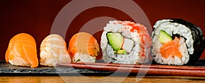 Nigiri, uramaki and futomaki sushi
