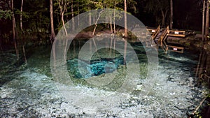 Nigth photo of the surface of the water od the Devils ear cavern in Ginnie Springs