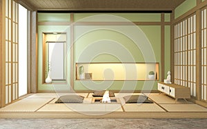 Nihon green room design interior with door paper and cabinet shelf wall on tatami mat floor room japanese style. 3D rendering