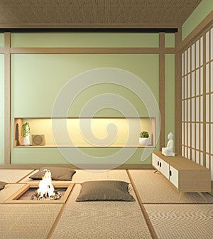 Nihon green room design interior with door paper and cabinet shelf wall on tatami mat floor room japanese style. 3D rendering photo