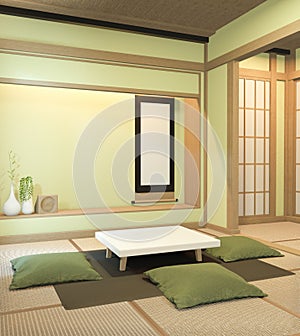 Nihon green room design interior with door paper and cabinet shelf wall on tatami mat floor room japanese style. 3D rendering photo