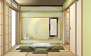 Nihon green room design interior with door paper and cabinet shelf wall on tatami mat floor room japanese style. 3D rendering