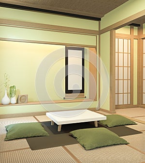 Nihon green room design interior with door paper and cabinet shelf wall on tatami mat floor room japanese style. 3D rendering