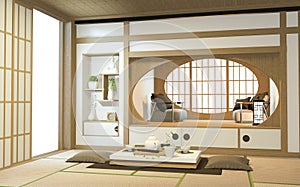 Nihon room design interior with door paper and cabinet shelf wall on tatami mat floor room japanese style. 3D rendering photo