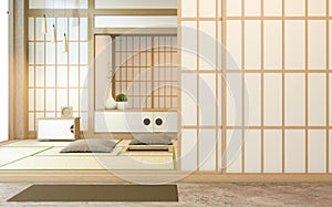 Nihon room design interior with door paper and cabinet shelf wall on tatami mat floor room japanese style. 3D rendering photo