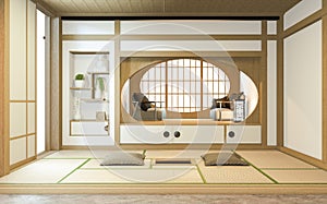 Nihon room design interior with door paper and cabinet shelf wall on tatami mat floor room japanese style. 3D rendering photo