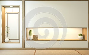 Nihon room design interior with door paper and cabinet shelf wall on tatami mat floor room japanese style. 3D rendering photo