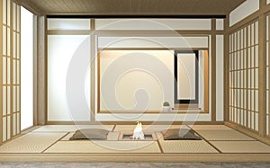 Nihon room design interior with door paper and cabinet shelf wall on tatami mat floor room japanese style. 3D rendering photo