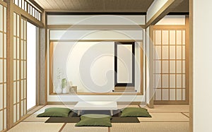 Nihon room design interior with door paper and cabinet shelf wall on tatami mat floor room japanese style. 3D rendering photo