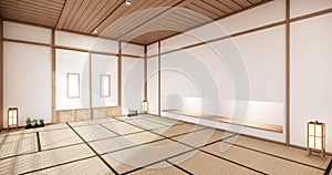 Nihon room design interior with door paper and cabinet shelf wall on tatami mat floor room japanese style. 3D rendering photo