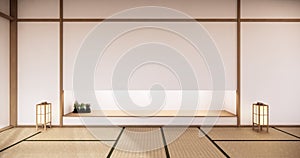 Nihon room design interior with door paper and cabinet shelf wall on tatami mat floor room japanese style. 3D rendering photo