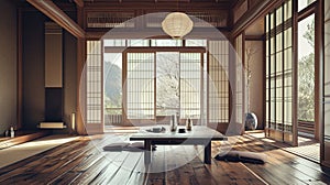 Nihon room design interior with door paper and cabinet shelf wall on tatami mat. AI Generative photo