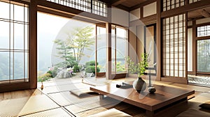 Nihon room design interior with door paper and cabinet shelf wall on tatami mat. AI Generative photo