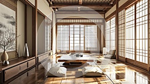 Nihon room design interior with door paper and cabinet shelf wall on tatami mat. AI Generative photo