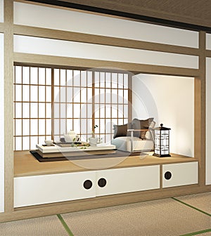 Nihon room design interior with door paper and cabinet shelf wall on tatami mat floor room japanese style. 3D rendering